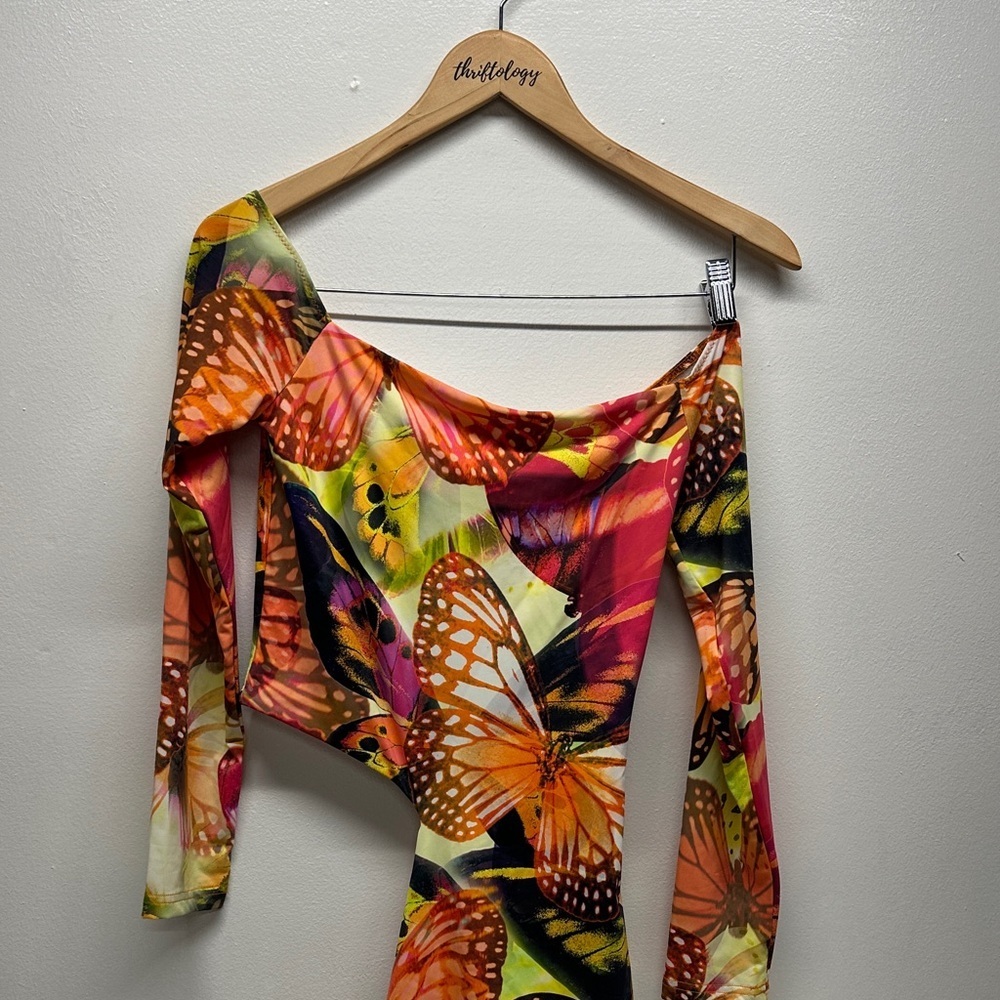 White Fox City Girl Long Sleeve Mini Dress Sunset Monarch Butterfly New Medium - Picture 2 of 7